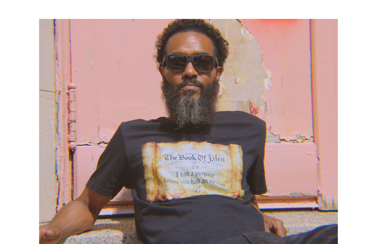 The Book Of Jalen 2:5 tee in black - aged scroll graphic reading 'I had a purpose before you had an opinion'