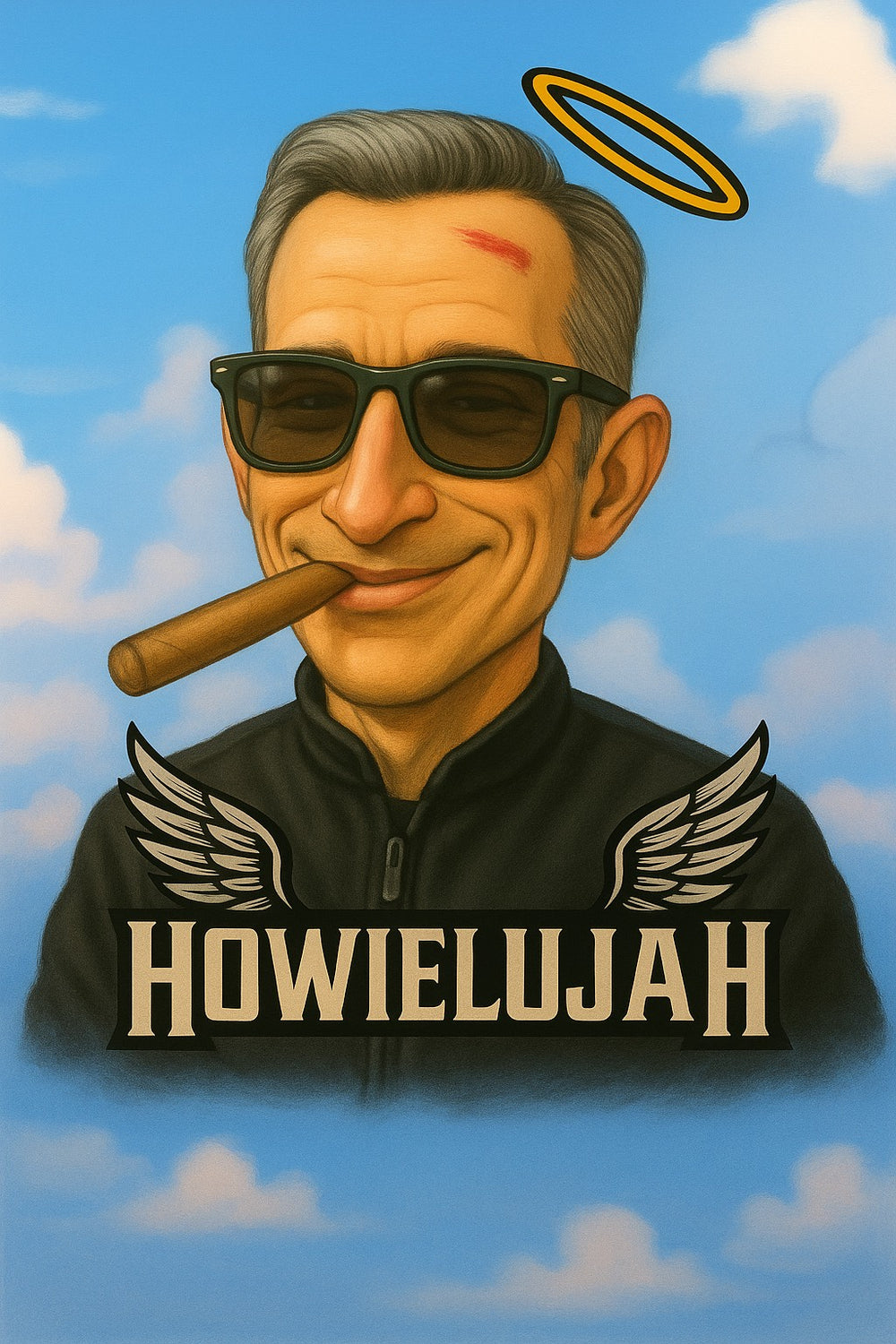 The Howielujah character mark: a caricature with sunglasses, lit cigar, and a gold halo